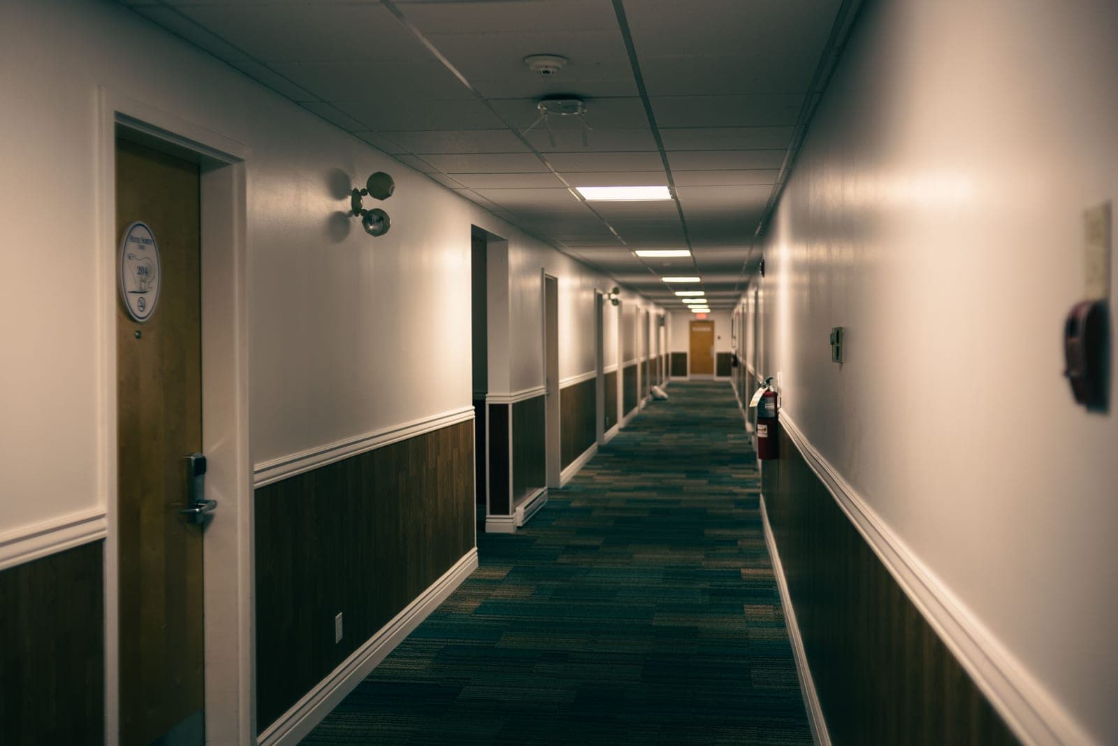 A long apartment corridor with doors along both sides
